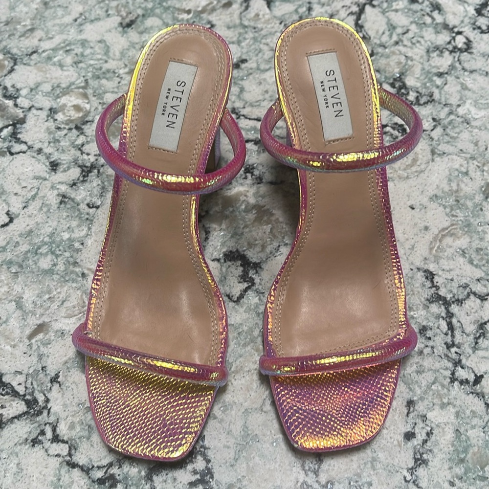 Iridescent snake skin print heels